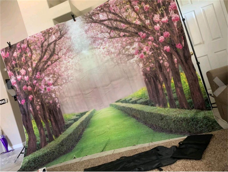 Leowefowa Vinyl 10x8ft Spring Backdrop Valentine's Day Cherry Blossom Green Grass Meadow Plants Countyard Nature Outdoor Wedding Photography Background Girls Lover Photo Studio Props - Image 2